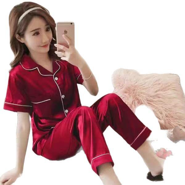 Women's Imitation Silk Short Sleeve Pajamas: Sexy, Lightweight, Plus Size Two-Piece Set with Long Pants.
