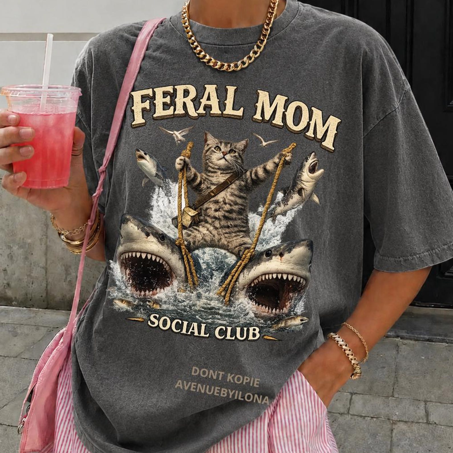 Feral Moms Social Club Shirt, Comfort Colors Mother s Day Gift Shirt, Shark Cat Shirt, Mama Shirt, Feral Moms Club, Gift For Mom Shirt S