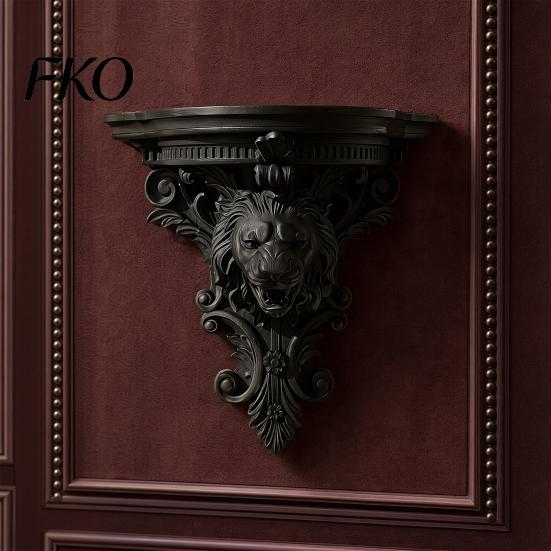 Decorative Wall Shelf Shelf, Matte Black Texture Stand, Retro Lion French Style Embossed Mounted Thickened One-Piece Structure Display Rack