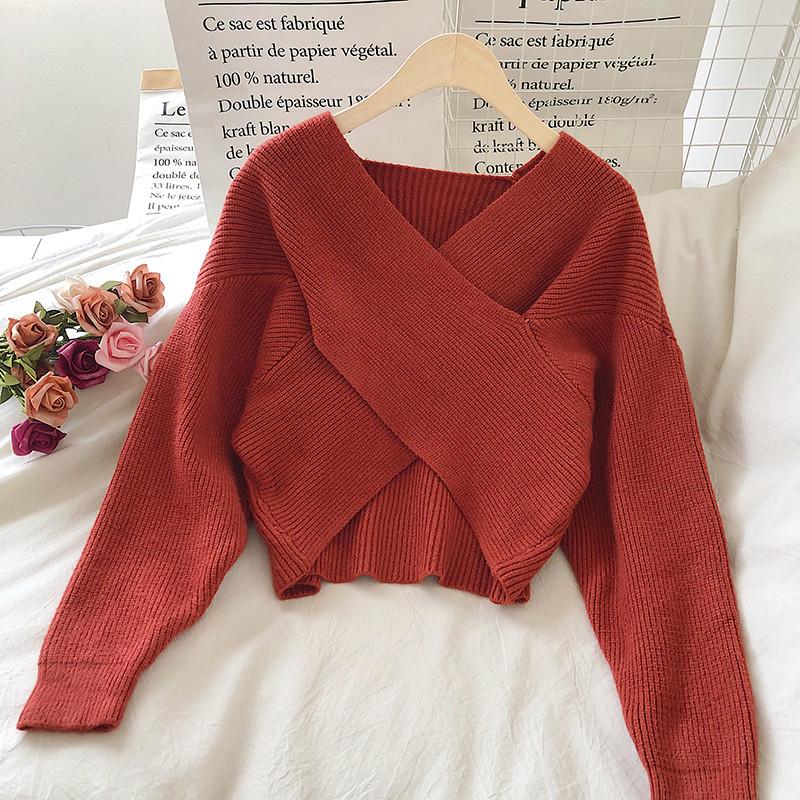 Women's Autumn/Winter 2021 Crossed Knit Short Sweater - Retro High Waist Loose Pullover.