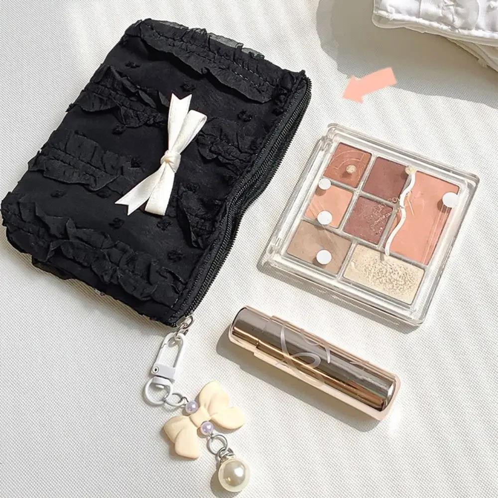 Cute Bow Girls Storage Bag Solid Color Soft Coin Purse Lipstick Headphone Bag Large Capacity Lace Clutch Bag