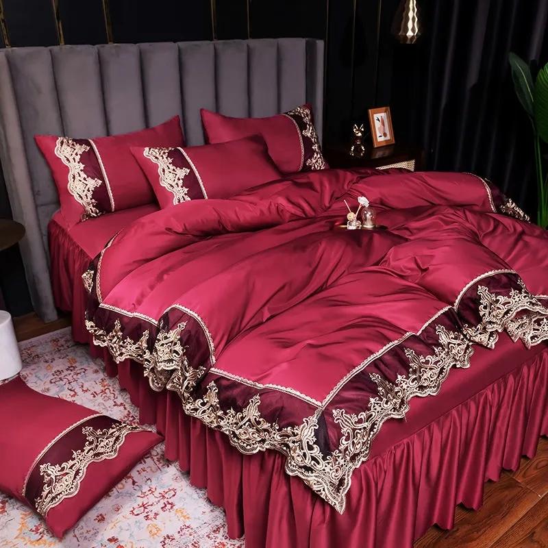 European Style Bed Skirt Four-piece Suit Non-slip Lace Bedspread Thicken Sanding Lace Quilt Cover Pillowcase Bed Linings
