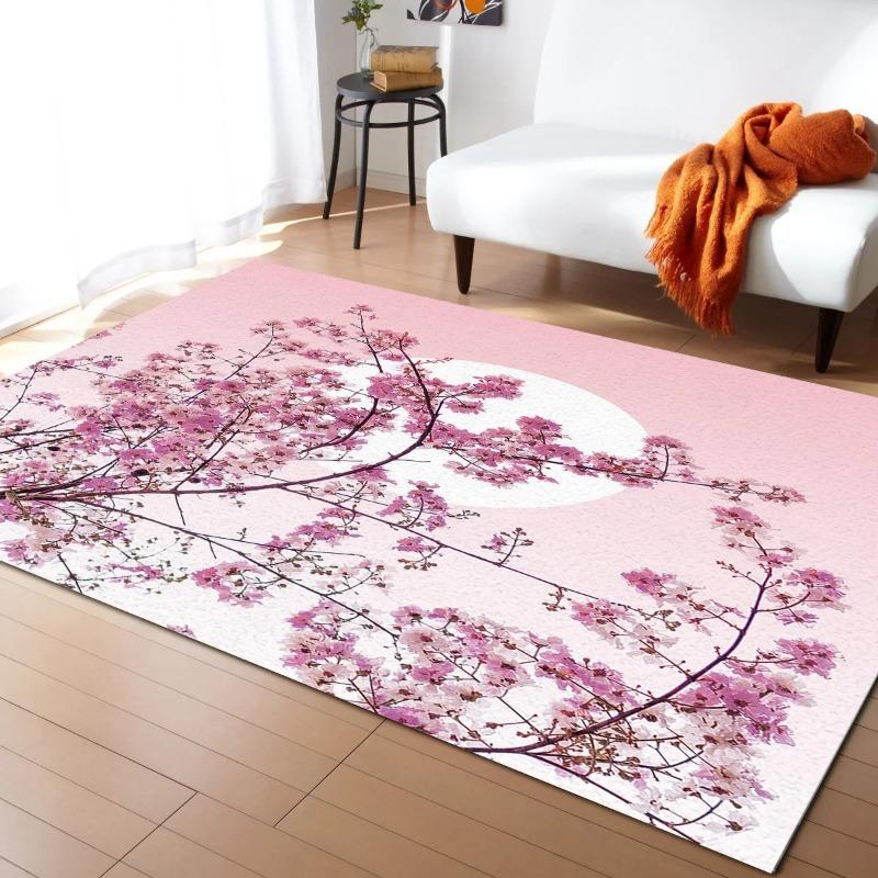 Pink Cherry Blossom Rug Romantic Floral Spring Carpet Non Slip Floor Mat for Girl's Bedroom, Bedside Living Room