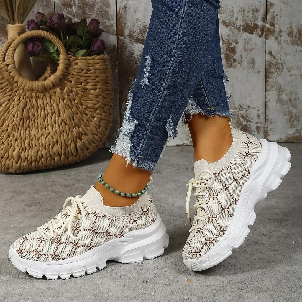 Fashion Women's Mesh Knitting Flat Shoes Lace-up Round Toe Breathable Sneakers Women Autumn Soft Sole Footwear Woman Wedge Sport Shoes