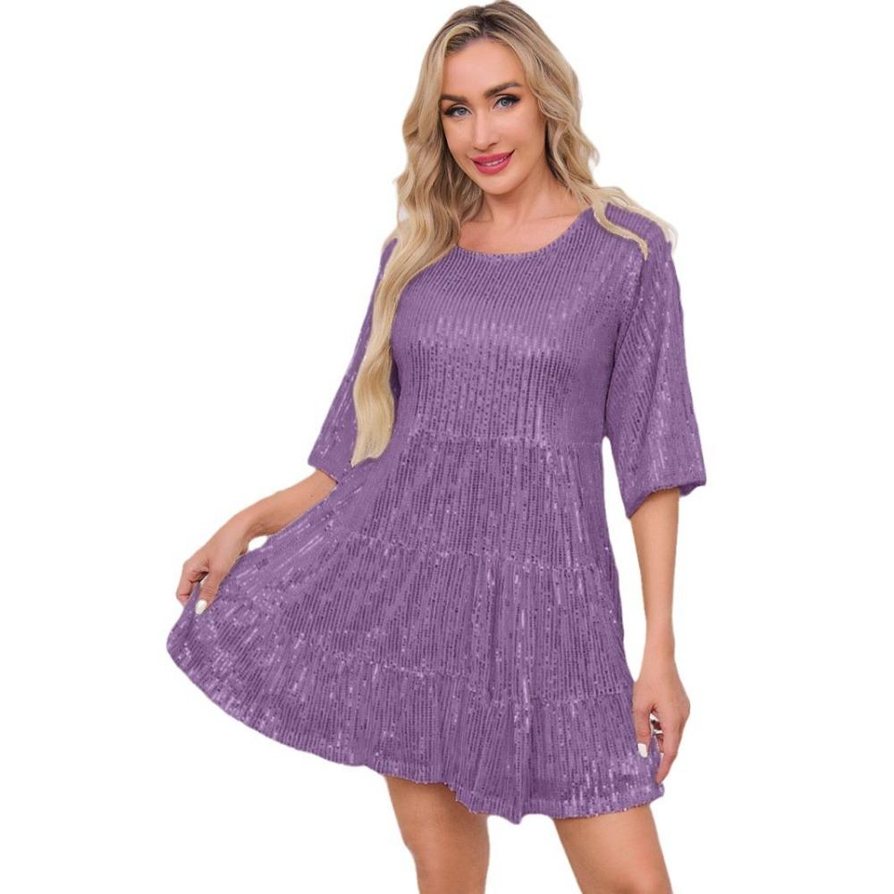 Women's Crew Neck Half Sleeve Mini Dress Loose Fit Sparkly Sequin Layered Party Short Dress