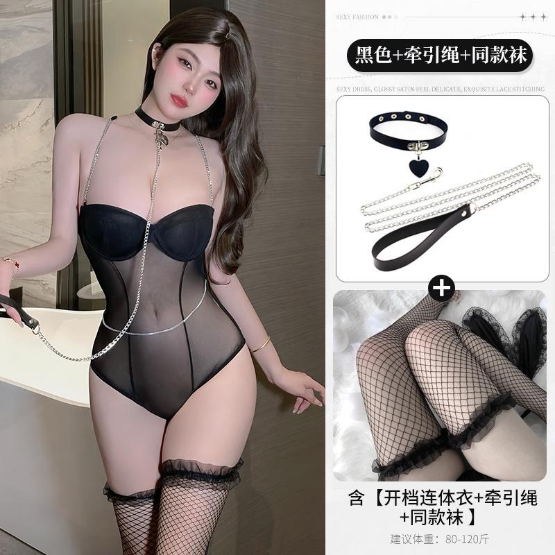 Exotic Summer Fashion Women's new Clothing Solid Color Perspective Hanging Neck Metal Chain Decoration Sexy Tight jumpsuit W4TT
