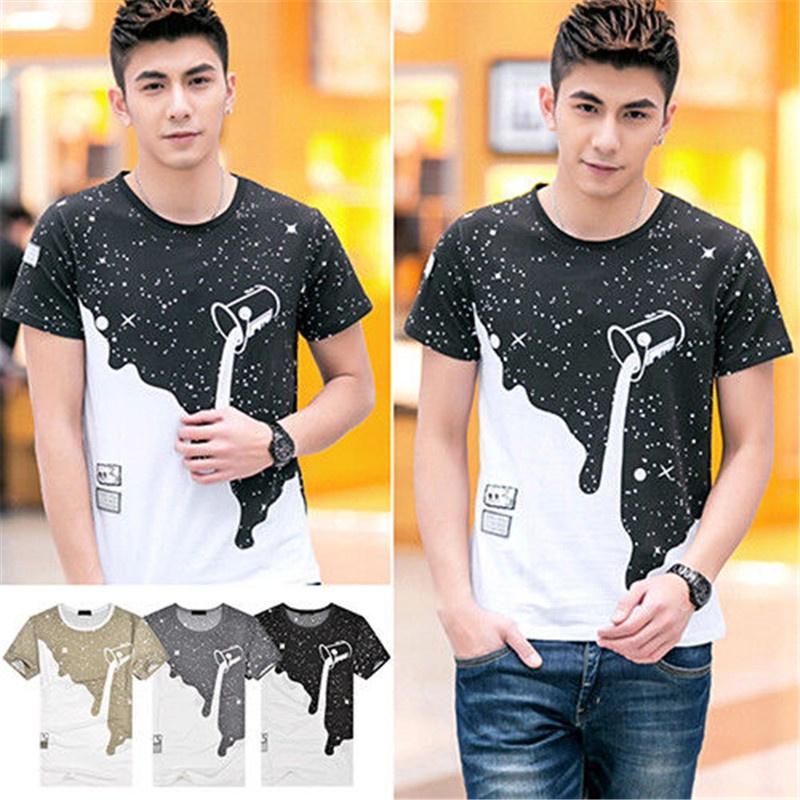 Trendy Mens Fashion Milk Poured Pattern Printed Short Sleeve Round Neck T-shirt