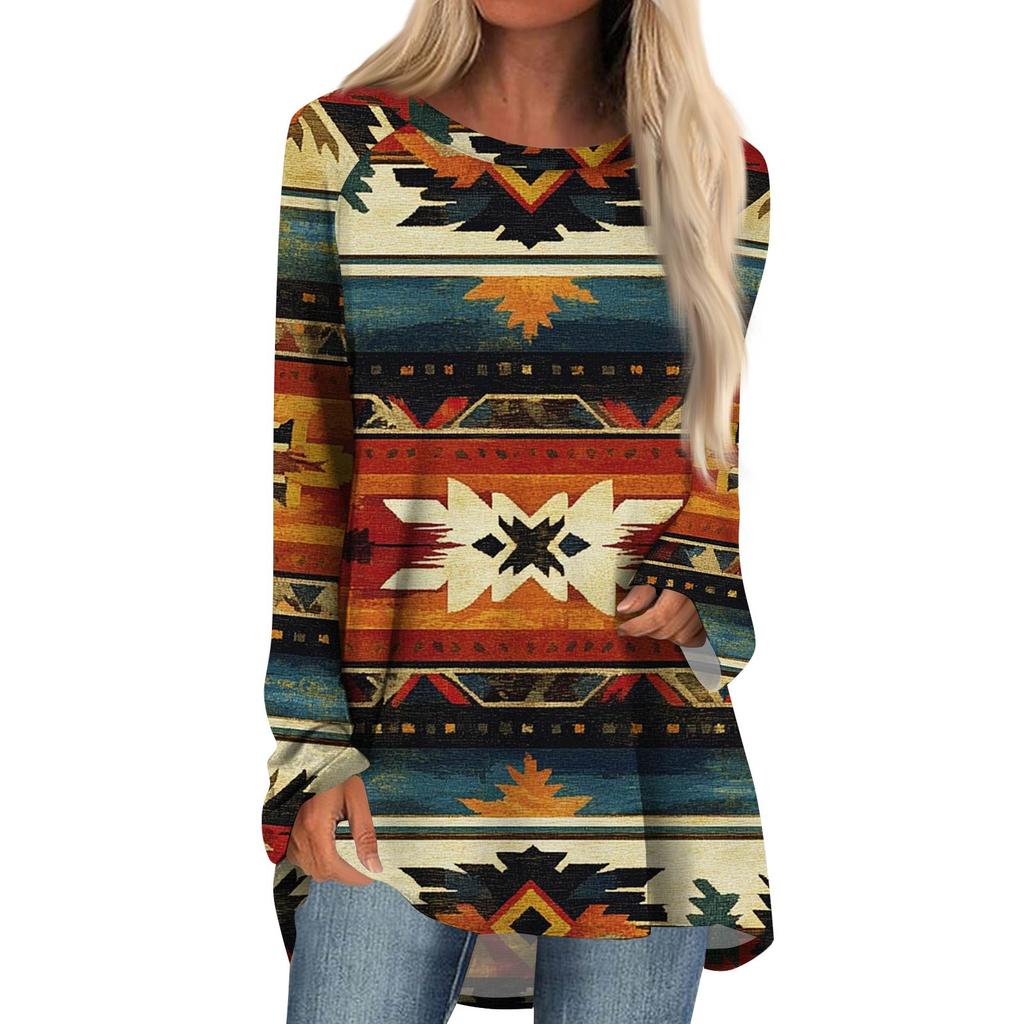 Women's Fashion Casual Long Sleeve  Print Round Neck Pullover Top Blouse