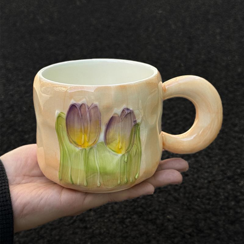 High-value Tulip Ceramic Mug with Lid Spoon As a Gift, Practical Cup for Girls, Birthday Gift for Girlfriends
