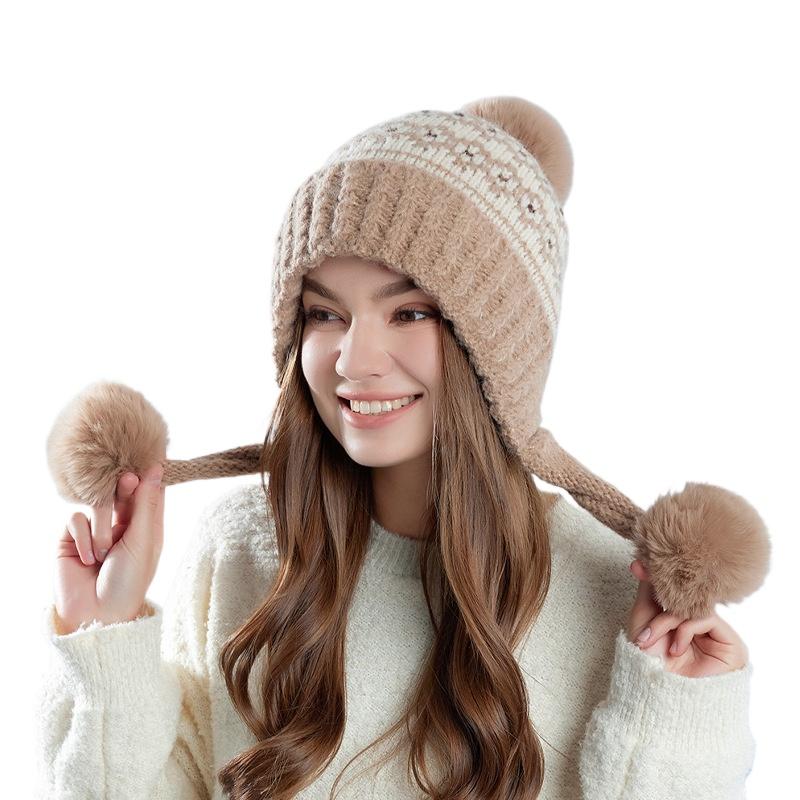 Women'S Knit Beanie With Pom Pom Oversized Winter Hats Slimming Face Fleece Lined Ear Flap Slouchy Cap For Women X097