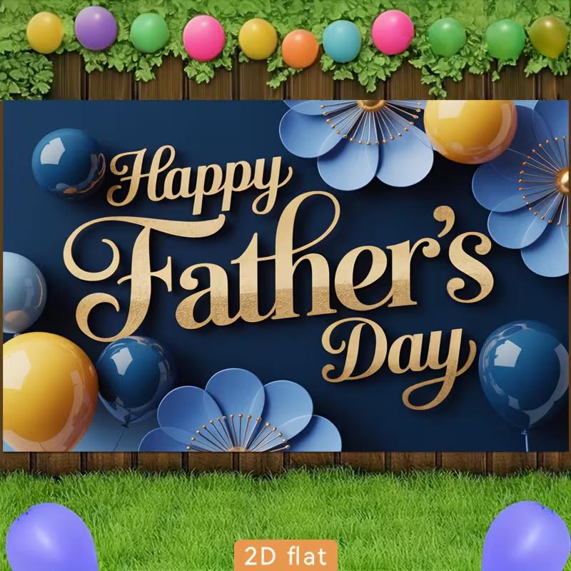 2D Navy Blue Father's Day Banner, Gold Lettering with Blue Floral Decor