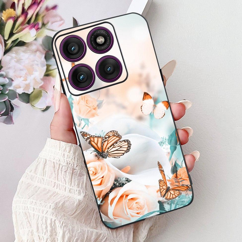 For Motorola Edge 60Pro XT2507-1 Back Cover For Motorola Edge 60 Pro Case Cute Cartoon Luxury Flower Painted Black Silicone 6.7"