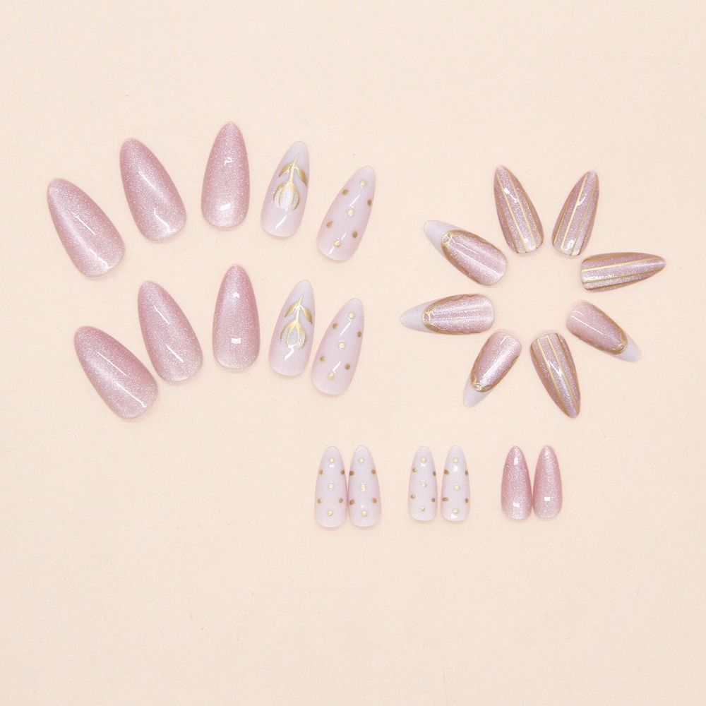 24pcs Manicure Long Almond False Nails Aurora Wave Bow Pearl Press On Nails Detachable Flower Starburst Fake Nials DIY