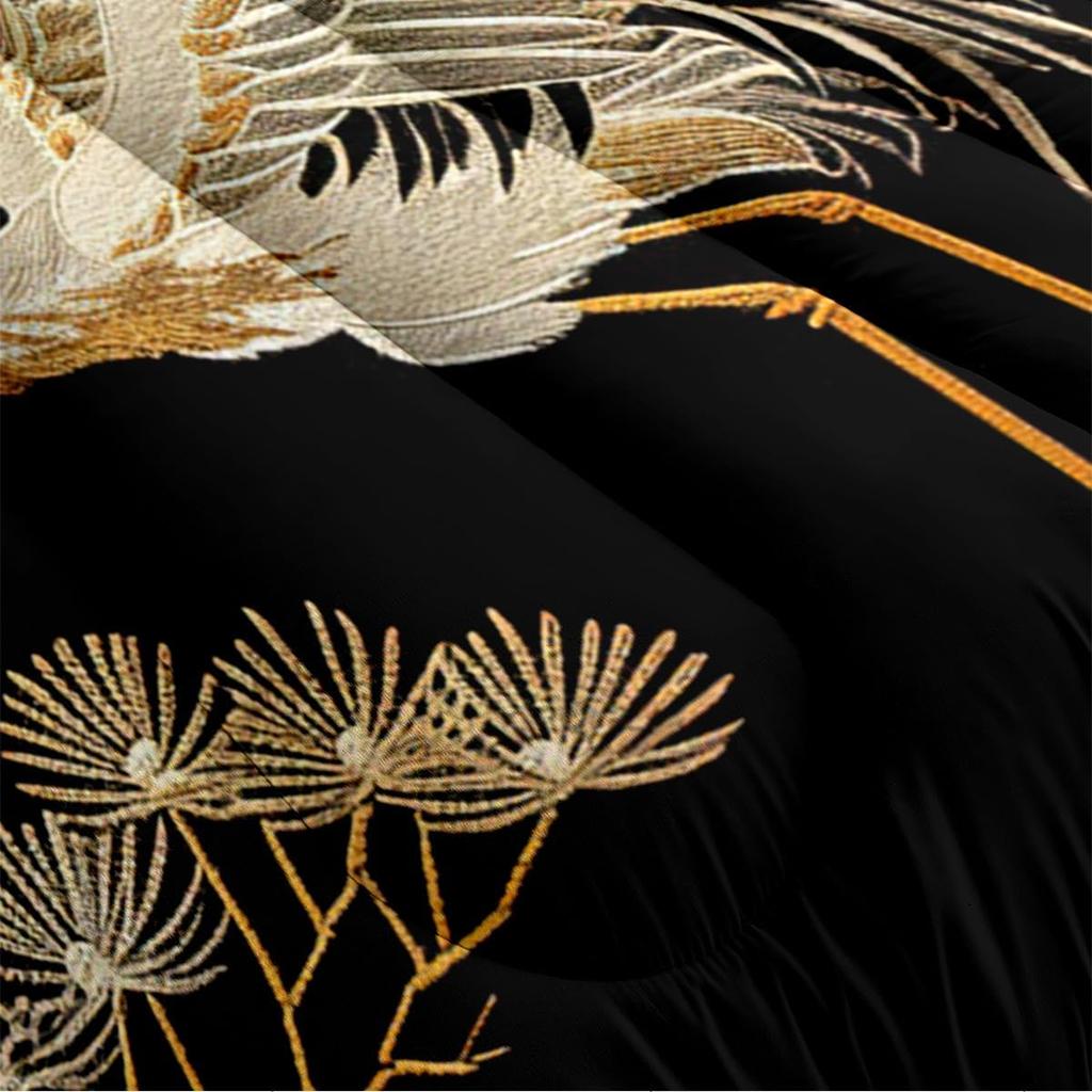 Comforter Comforter Set Queen Size Black Gold Pine And Crane Bedding Set 3D Vintage Chinoiserie Printing Bedding White Golden Bird Tree