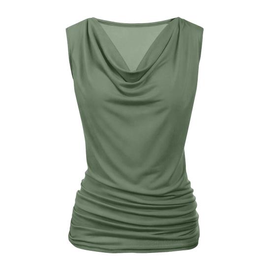 

Women Tops Sleeveless V Neck Slim Fit Side Pleat Design Casual Tee Pure Color Elastic Fabric Soft Summer Vest S зелёный