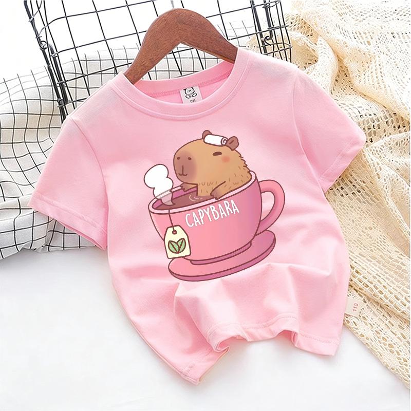 Kids Girl Cute Polyester T-shirt Summer Clothing Cartoon Capybara Printed Tee Children Short Sleeve Tops T Shirt Clothes Gift 2026