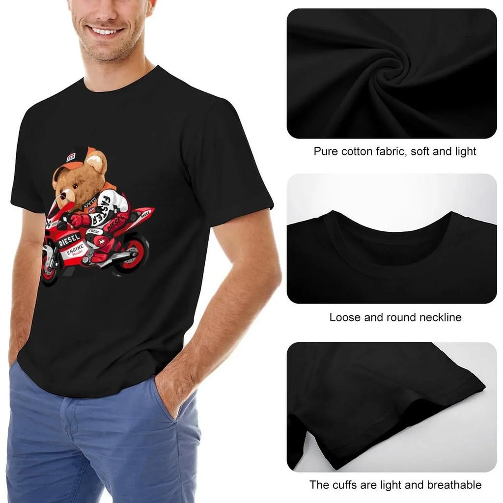 Cute Teddy Bear Riding Motorcycle T Shirt Harajuku Short Sleeve T-shirt 100% Cotton Graphics Tshirt Tops