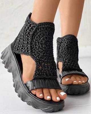 Sandali in maglia di lana per le donne, nuove scarpe estive elastiche intrecciate, sandali da donna con fondo piatto e traforato, mujer