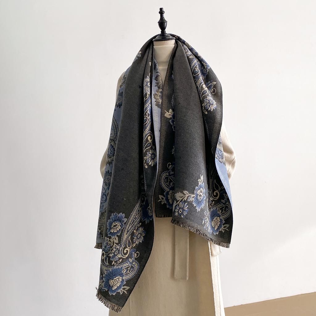 Thickened Luxury Imitation Cashmere Scarf for Women – Ultra Soft Winter Jacquard Wrap Shawl with Elegant Flower Patterns