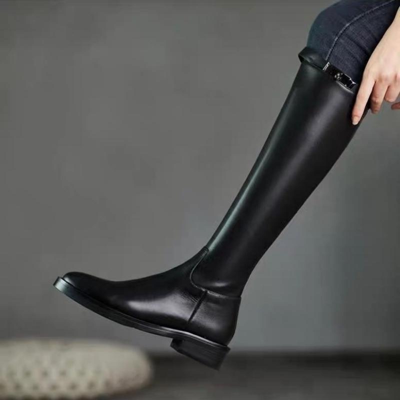 Fashion Black Elegant with Low Heels Pointed Toe Leather Women's Long Boots 2025 Autumn Winter Fleece-Lined Ladies Knee High Shaft Shoes