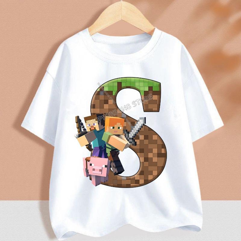 Hot Pixel Game T-shirt Children A-Z Letter White Clothes Cartoon Round Collar Clothing New Kids Short Sleeve Summer Tee Top Gift