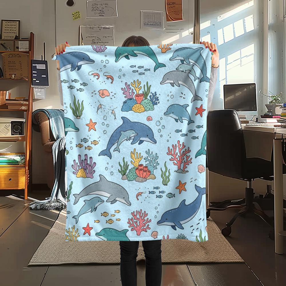 1PC Cute Marine Animals Print Flannel Blanket, High quality All Seasons, Home Decor, Warmth and Comfort, Perfect for Christmas Gifts