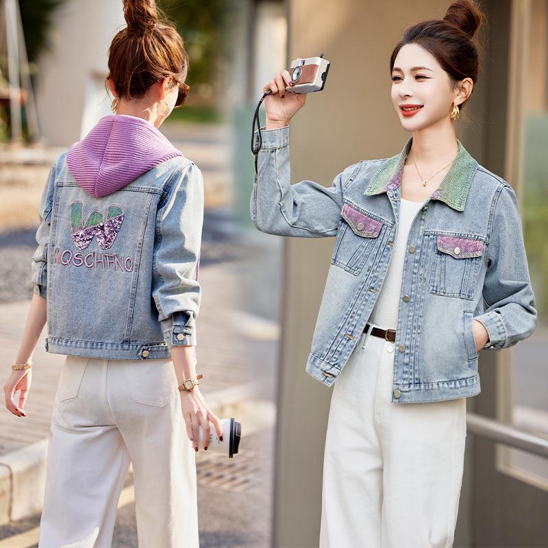 

Женская свободная джинсовая куртка с капюшоном - Мода весна 2025 (HJ2509) XL 120-130 kg фиолетовый