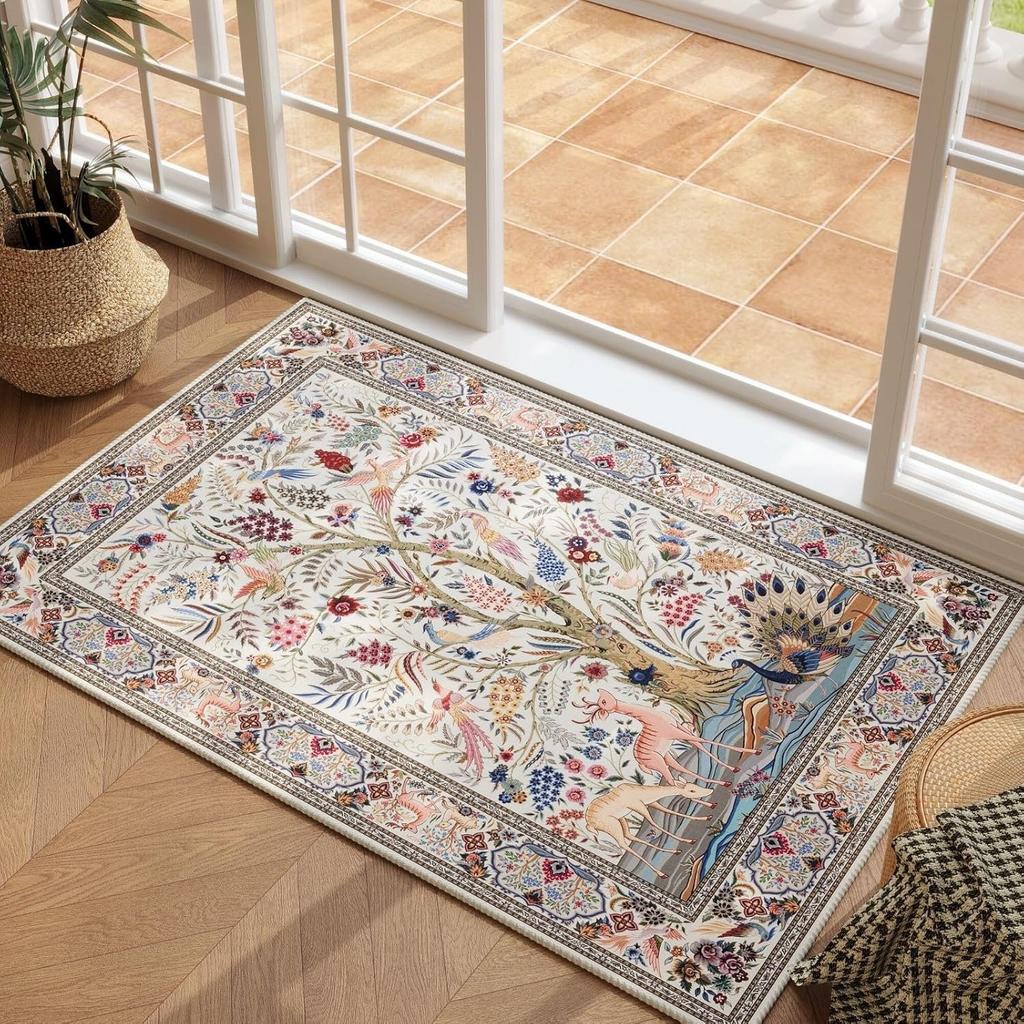 Living Room Carpet Non-slip Machine Washable Easily Foldable Rug Green Vintage Plant Tree Pattern Mats Doormat for Home Decor