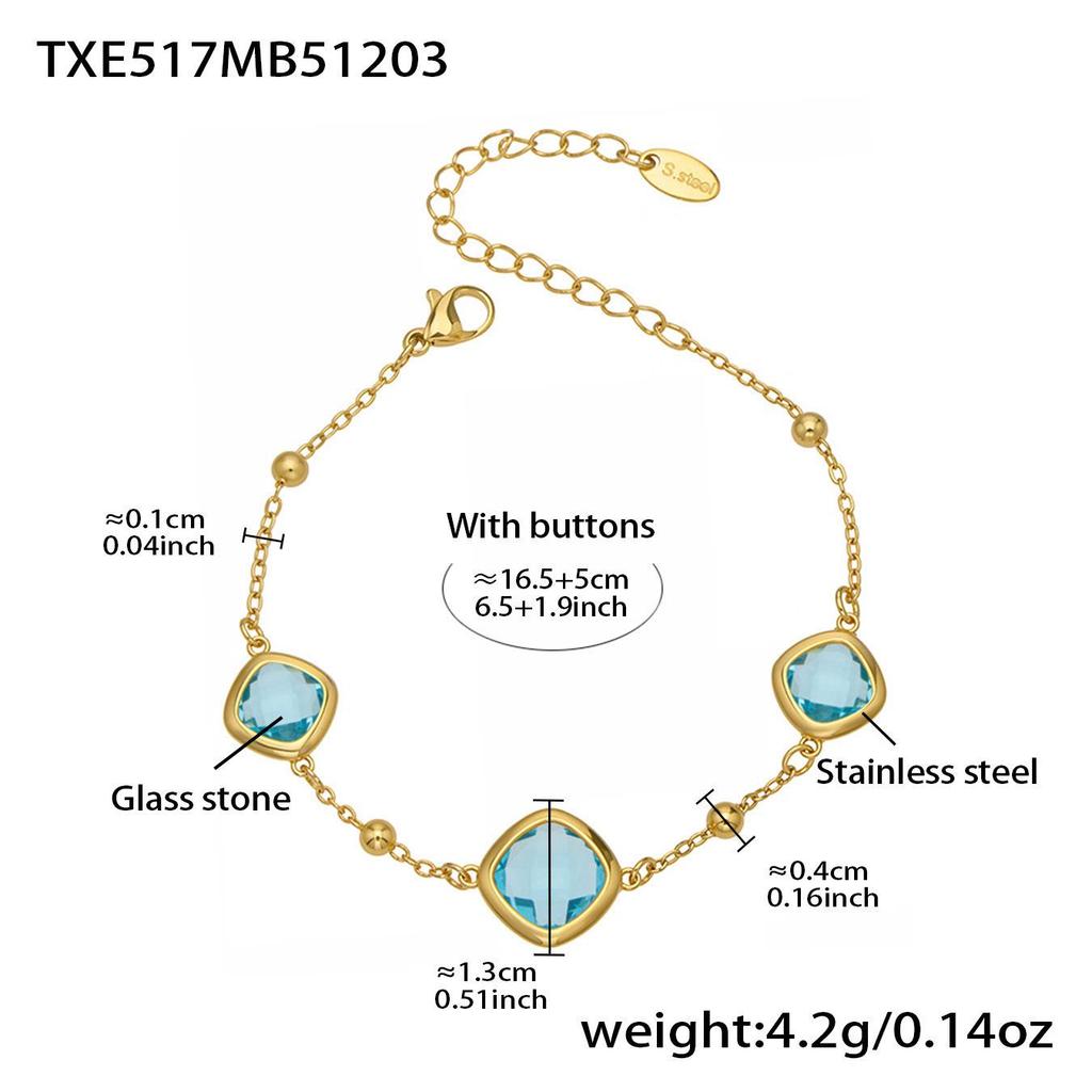 Geometric Glass Stone Earrings & Stainless Steel Bead Necklace Bracelet Set - Multi-color Patchwork Jewelry