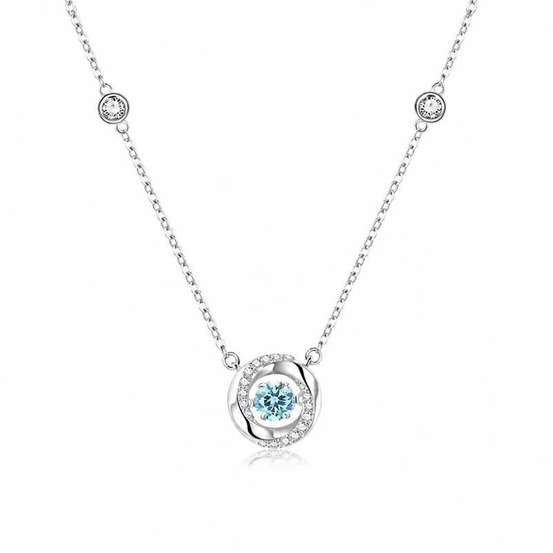 Fashion Women Pendant Necklace Silver Plated Round Cubic Zirconia Stone Sparkling Clavicle Chain Elegant Daily Wear Pendant Jewelry Gift blue