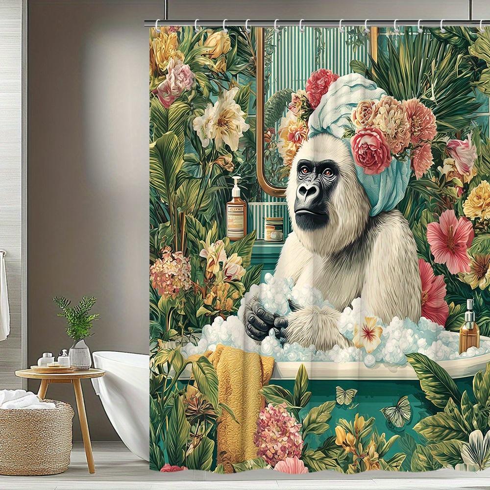 1Pc Tropical Style Gorilla Pattern Shower Curtain Mountains And Natural Flowers Decoration Bathroom Decor Polyester Fabric Conta
