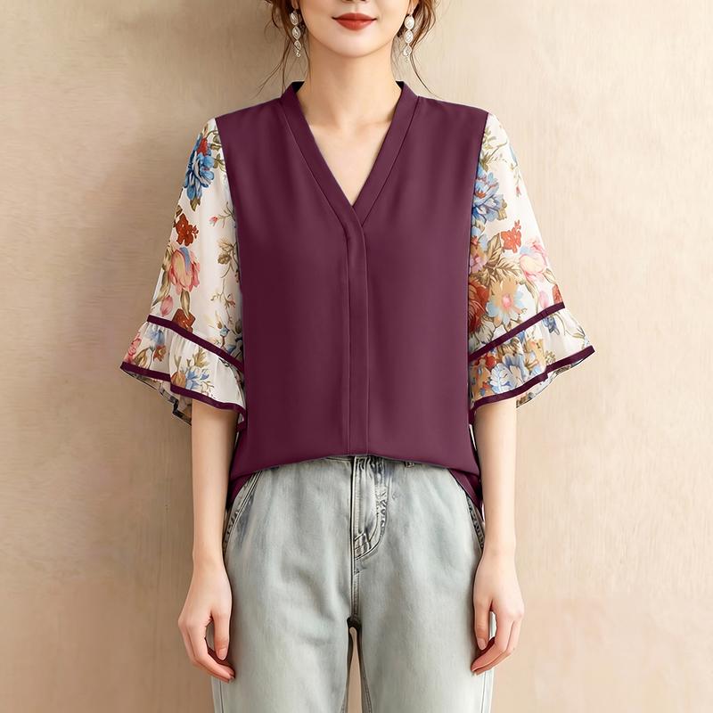 ZANZEA Women Casual V-Neck Splice Half Sleeve Loose Blouse