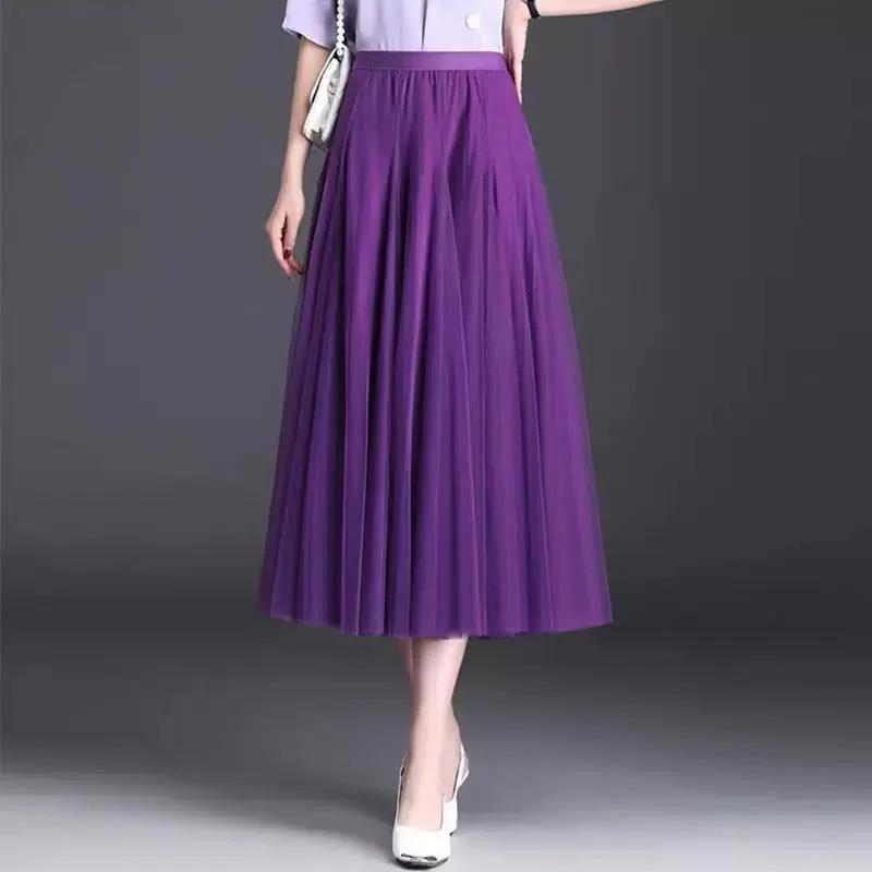 2025 High-Waist A-Line Mesh Skirt: Three-Layer Pleated Fairy Skirt for Spring & Autumn