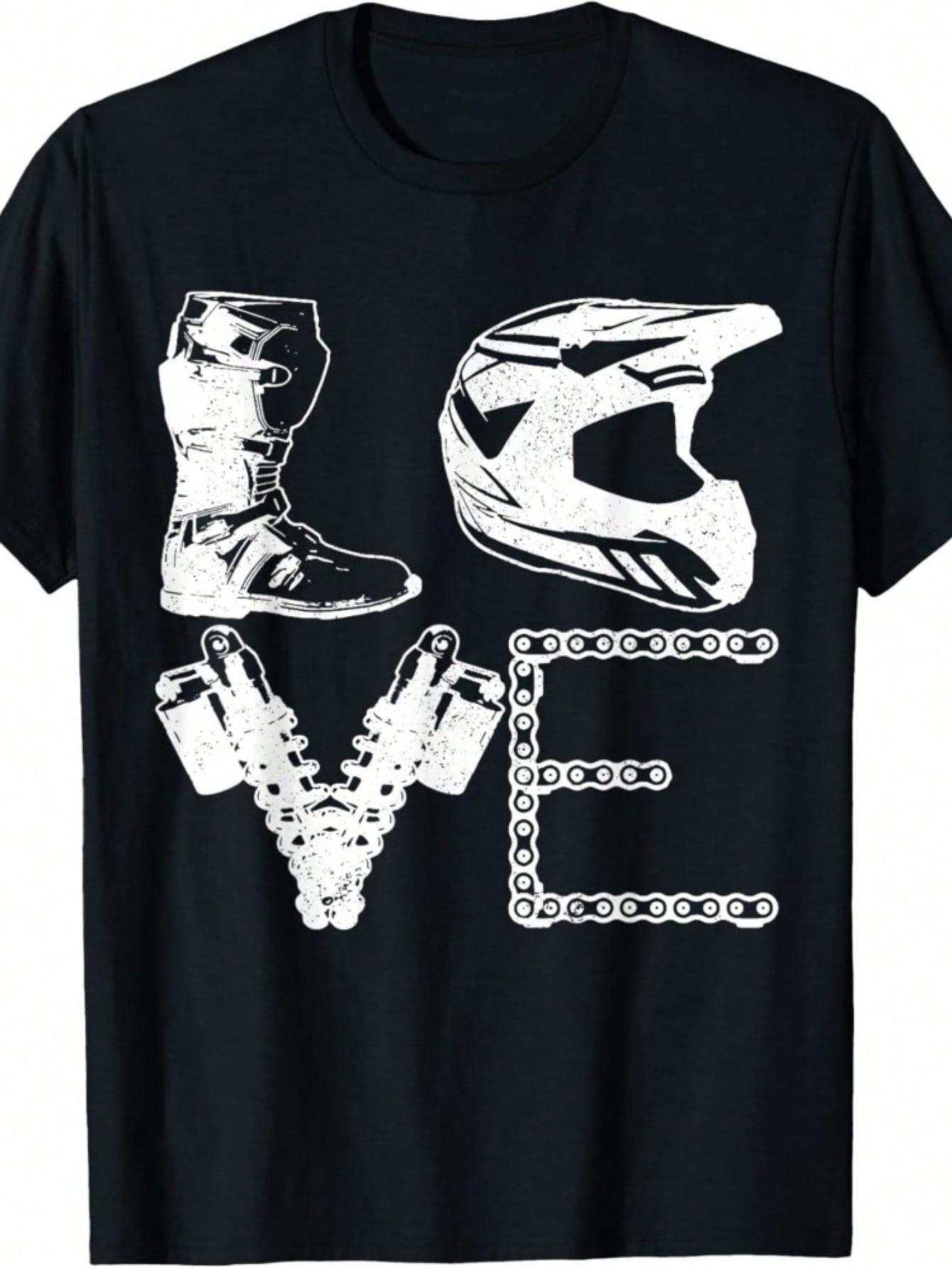 

Mens Motocross LOVE Graphic printed TShirt100 CottonBlack with White Motorcycle Helmet Boots Design S