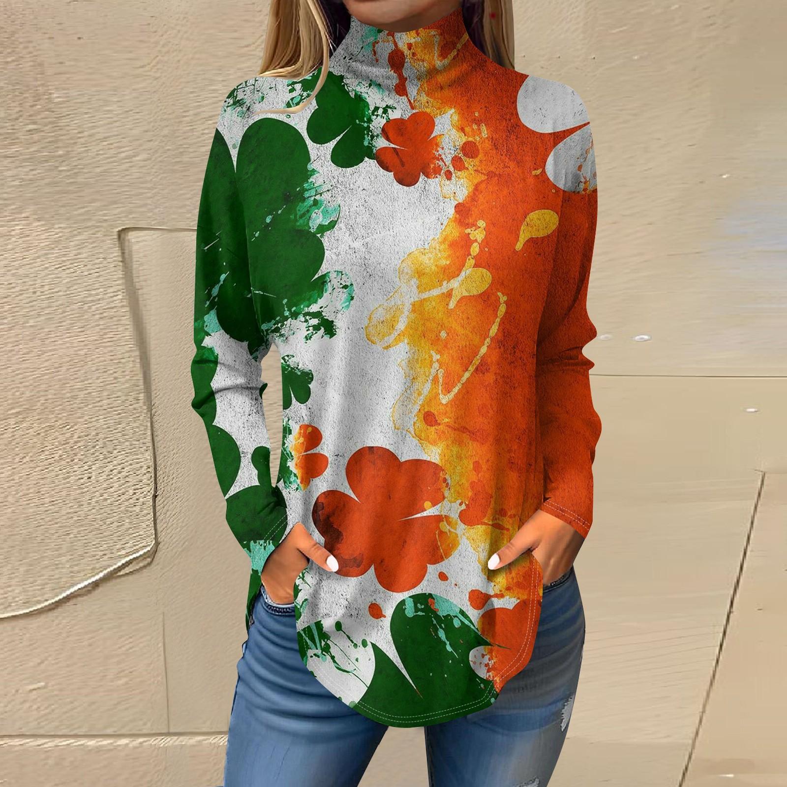 

Футболки для женщин, осенние повседневные рубашки с длинным рукавом, толстовка с принтом, топ с высоким воротом, пуловер St.. День Патрика S оранжевый