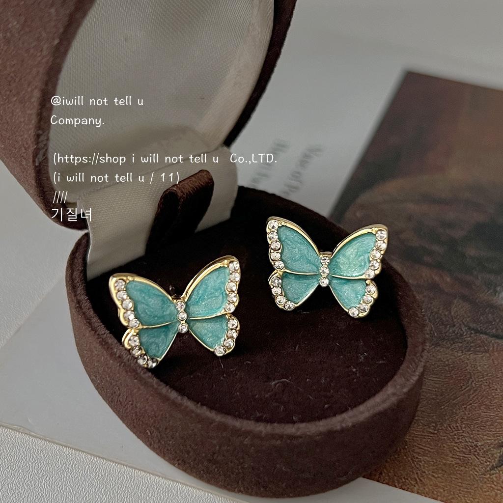 

[Xia Die]~! 925 silver needle-plated 14K butterfly stud earrings, sweet ins drip glaze earrings, diamond-set earrings factory