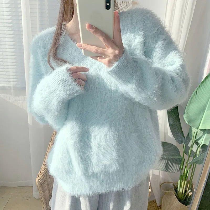 Autumn/Winter Imitation Mink Fleece Sweater for Women Loose Outerwear Pullover V-Neck Top for Women Knitwear Pullover Women