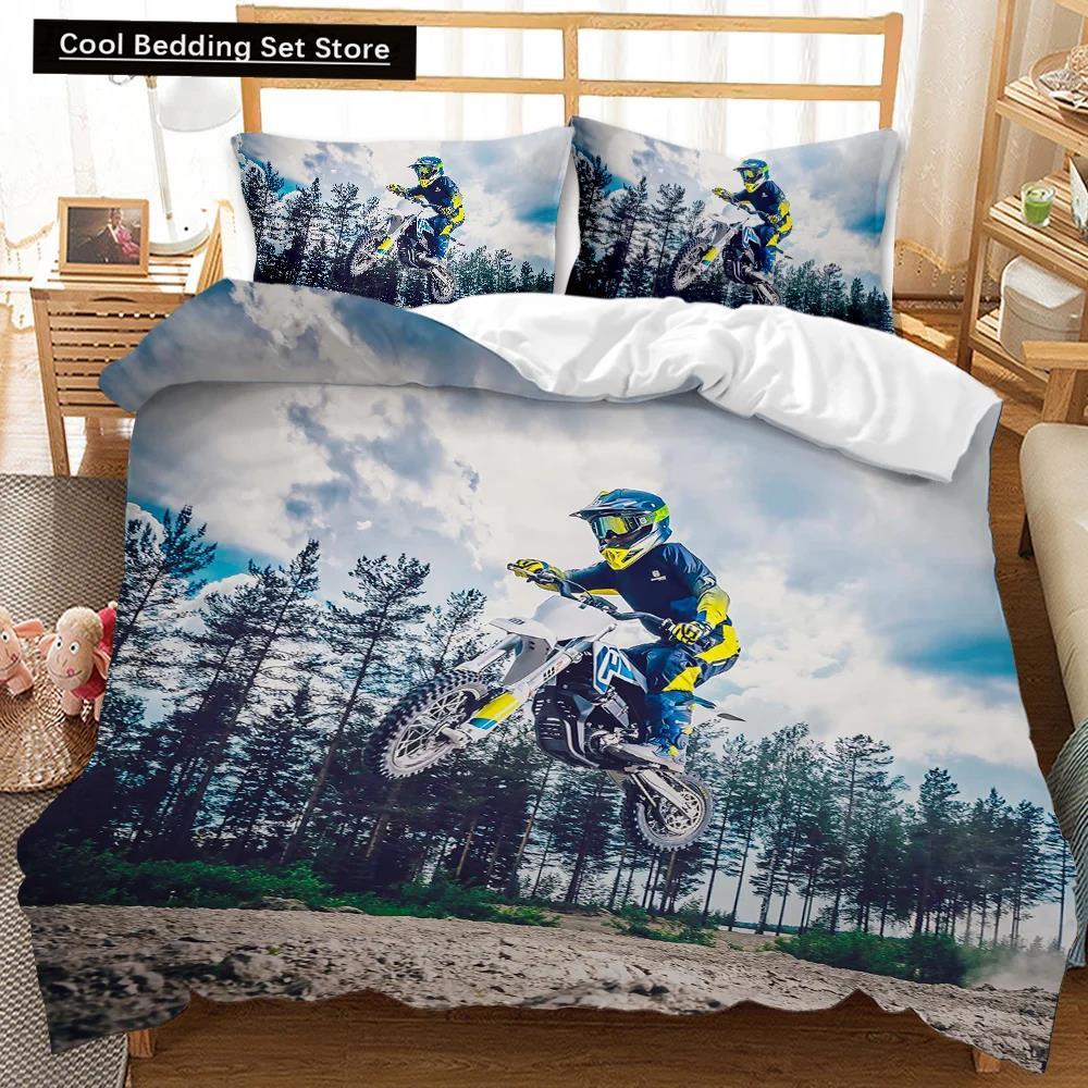 Motorrad-Bettbezug-Set, Rennmotorrad-Bettbezug, Motorradfahrzeuge, Extremsport, weicher Polyester-Bettbezug, Queen-Size