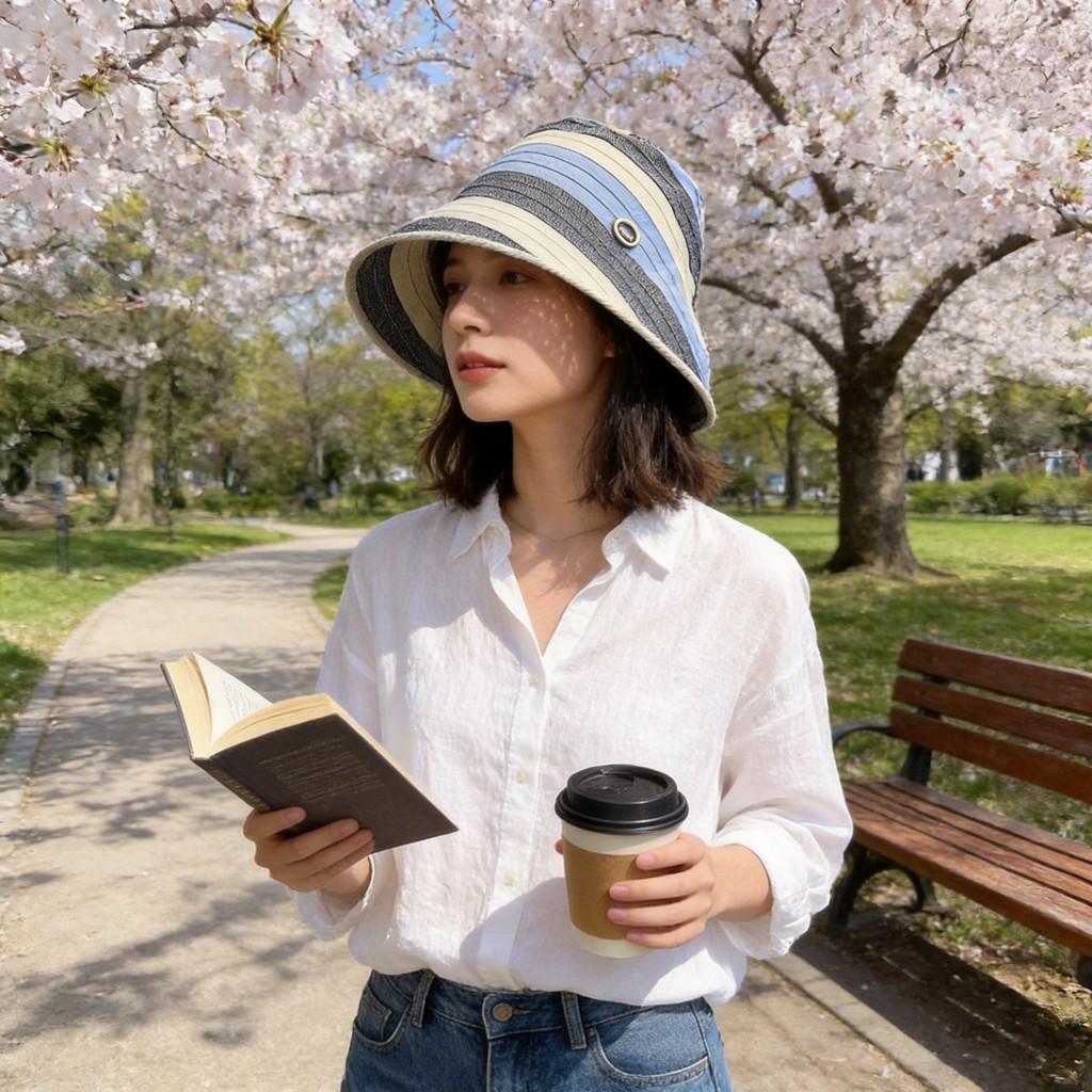Cappello a Secchiello a Righe da Donna Estivo Protezione Solare Traspirante Casual alla Moda