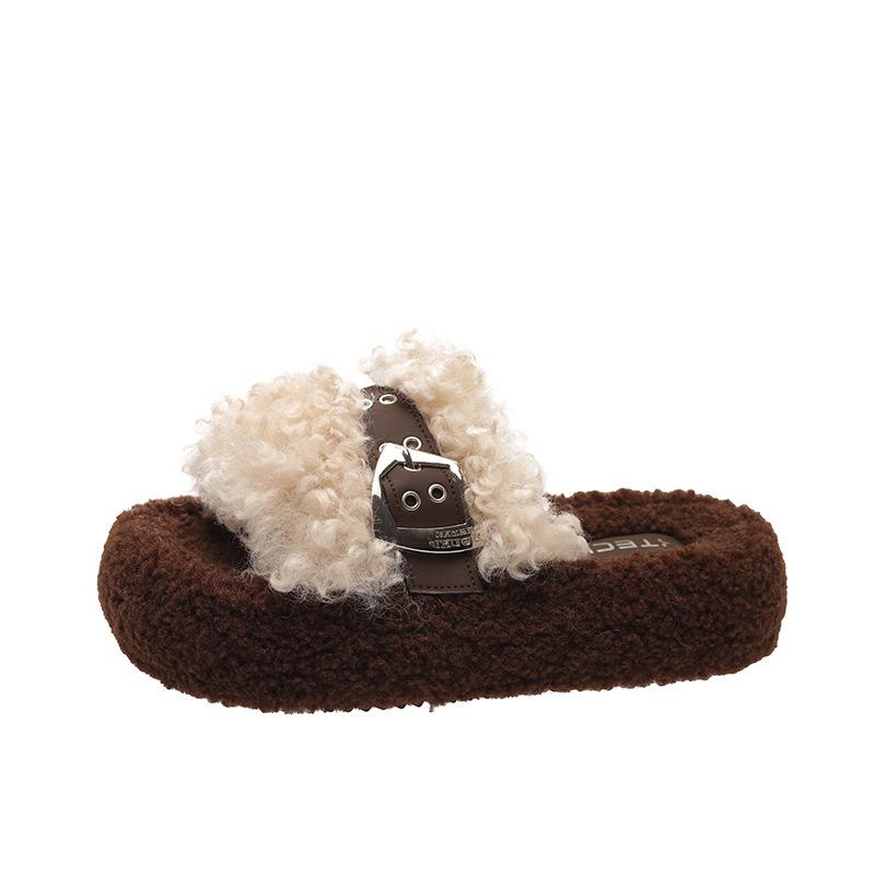 

Slip-flops for summer 2025 new plush platform fleece slippers wear retro belt buckle open-toe cotton slippers 35