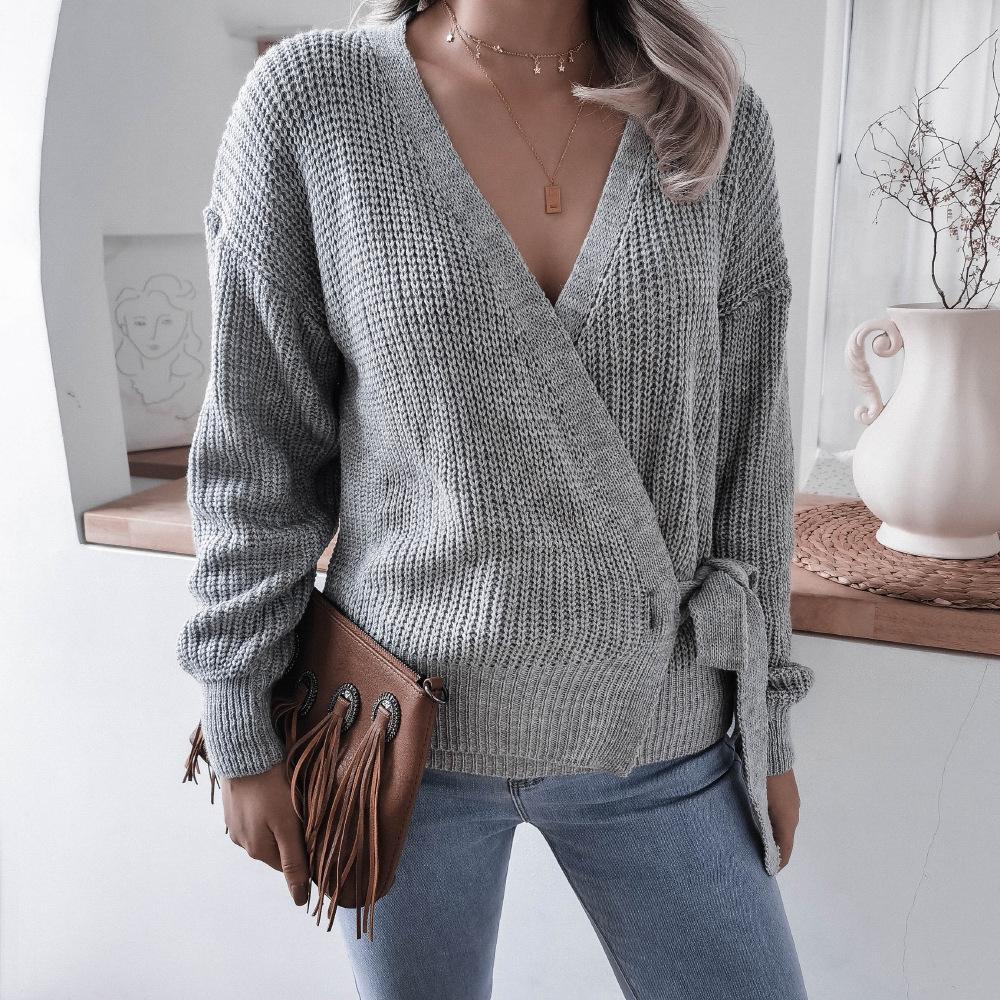 Clearance Casual V-neck Tie-up Knot Knit Sweater for Women - Autumn/Winter European and American Style