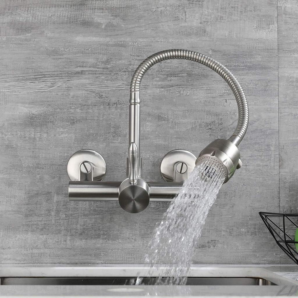 WAZZJ Kitchen Wall Faucet Brushed Nickel Wall Mounted Faucet 3" to 9" Adjustable Spread