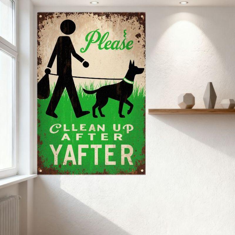 Vintage Style 'Clean Up After Your Pet' Metal Tin Sign with Silhouette Walking Dog & Waste Bag, Rusty Border Wall Decor for Home