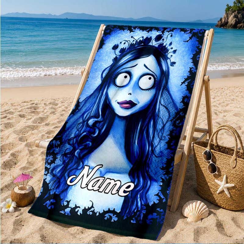Custom Name Corpse Bride Art Heart In Space Adventure Microfiber Beach Towel, Lightweight for Summer Travel, Swimming Pool Fan Gift