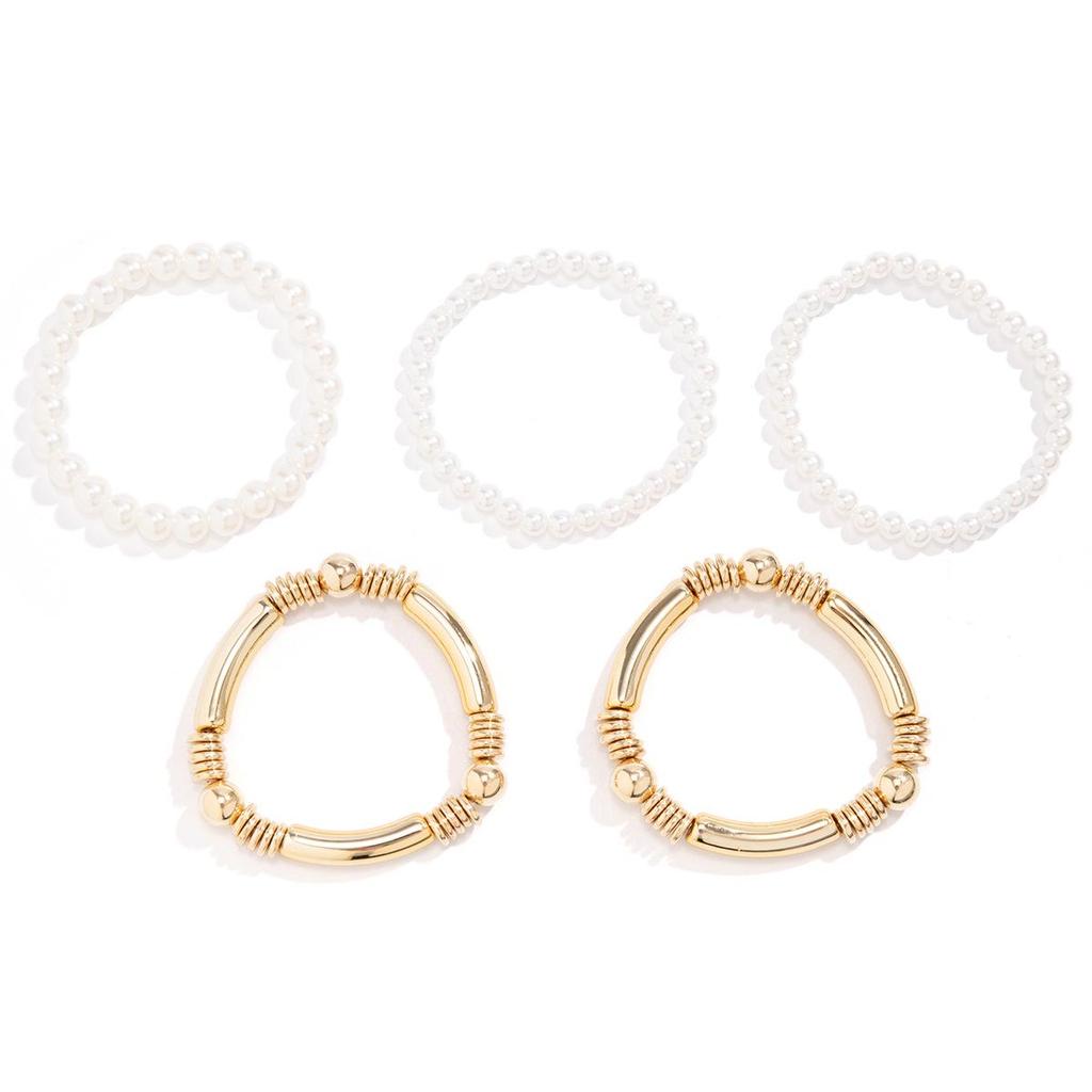Retro Faux Pearl Metallic Bracelet Set: European & American Style, Simple Multi-Piece Beaded Designs