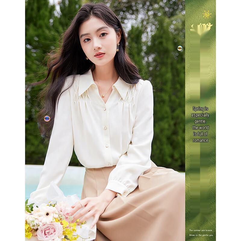 Women s French Style Diamond Pleated Long-Sleeved Shirt XL