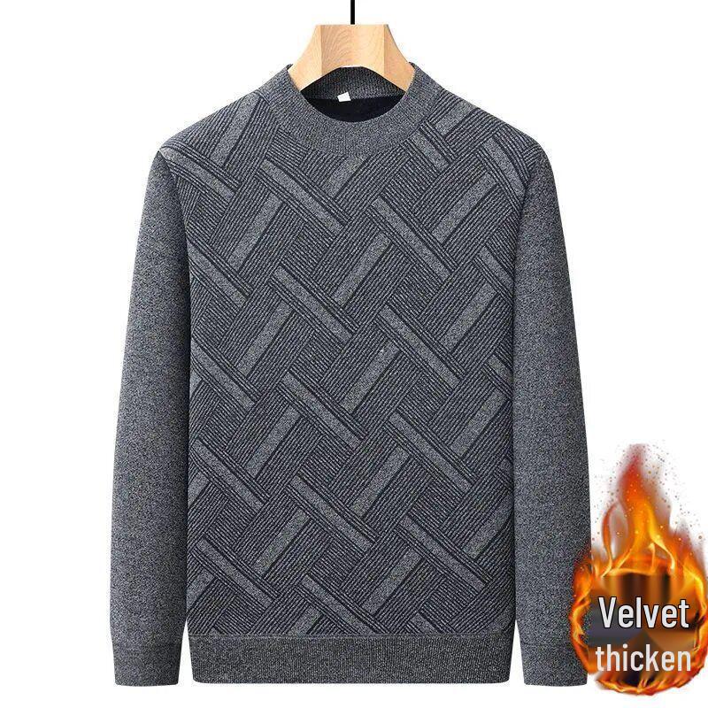 Men's Plus Velvet Thick Knit Sweater - Round Neck, Warm, Loose Fit, Perfect for Middle-Aged & Elderly