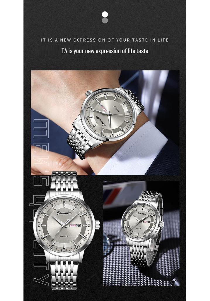 Men's Automatic Skeleton Watch with Steel Strap, Faux Mechanical Design, Calendar, Waterproof Features, Quartz Movement.