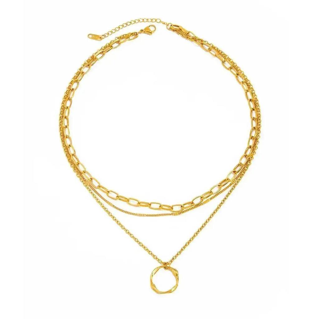 SHIXIN Vintage Simple 18K Gold Plated Stainless Steel Chain Round Pendant Necklace Women Fashion Multilayer Choker Neck Jewelry