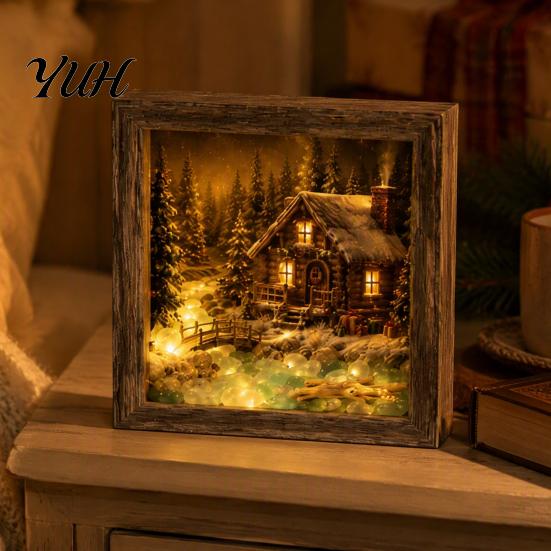 Christmas Desktop Night Light Sea Glass Shadow Box Light, 3D Winter Snow Scene Wooden Cozy Atmosphere Lamp Art Frame with LED Warm Glow, Landscape